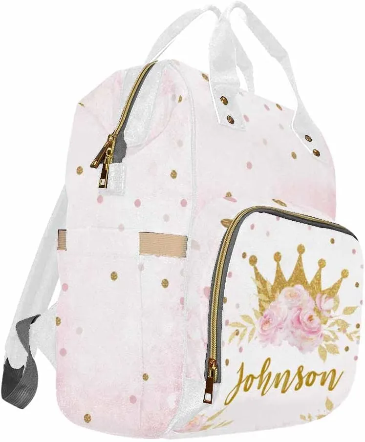 Personalized Backpack with Name, Golden Crown Flower Custom Diaper Bag Mommy Nappy Bag Fashion Shoulder Bag Casual Daypack Multi-Function Bag for Travel