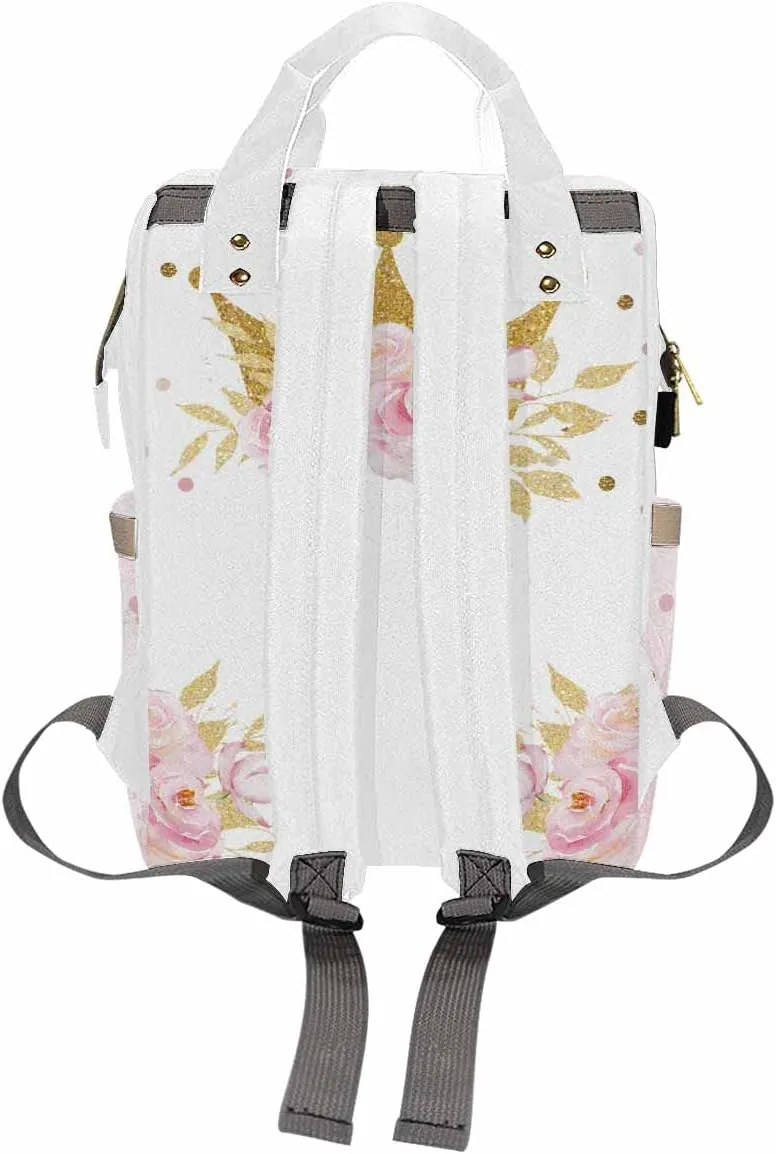 Personalized Backpack with Name, Golden Crown Flower Custom Diaper Bag Mommy Nappy Bag Fashion Shoulder Bag Casual Daypack Multi-Function Bag for Travel