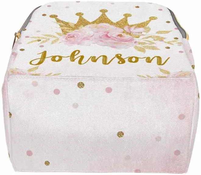 Personalized Backpack with Name, Golden Crown Flower Custom Diaper Bag Mommy Nappy Bag Fashion Shoulder Bag Casual Daypack Multi-Function Bag for Travel