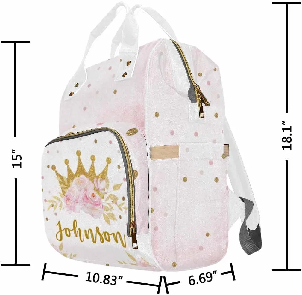 Personalized Backpack with Name, Golden Crown Flower Custom Diaper Bag Mommy Nappy Bag Fashion Shoulder Bag Casual Daypack Multi-Function Bag for Travel