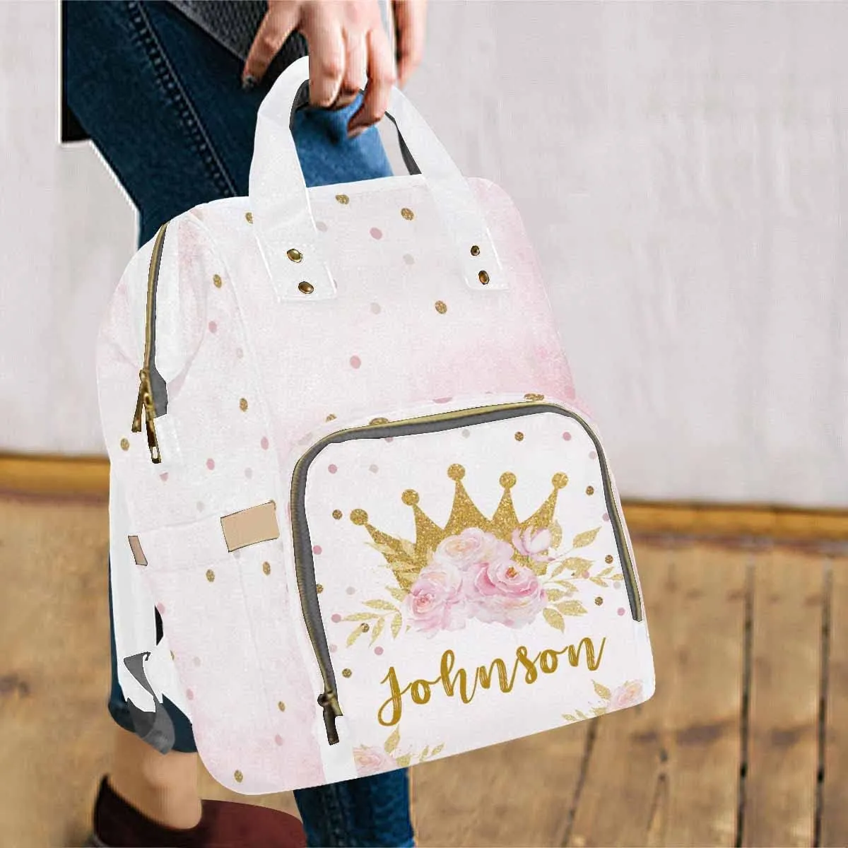 Personalized Backpack with Name, Golden Crown Flower Custom Diaper Bag Mommy Nappy Bag Fashion Shoulder Bag Casual Daypack Multi-Function Bag for Travel