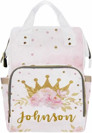 Personalized Backpack with Name, Golden Crown Flower Custom Diaper Bag Mommy Nappy Bag Fashion Shoulder Bag Casual Daypack Multi-Function Bag for Travel