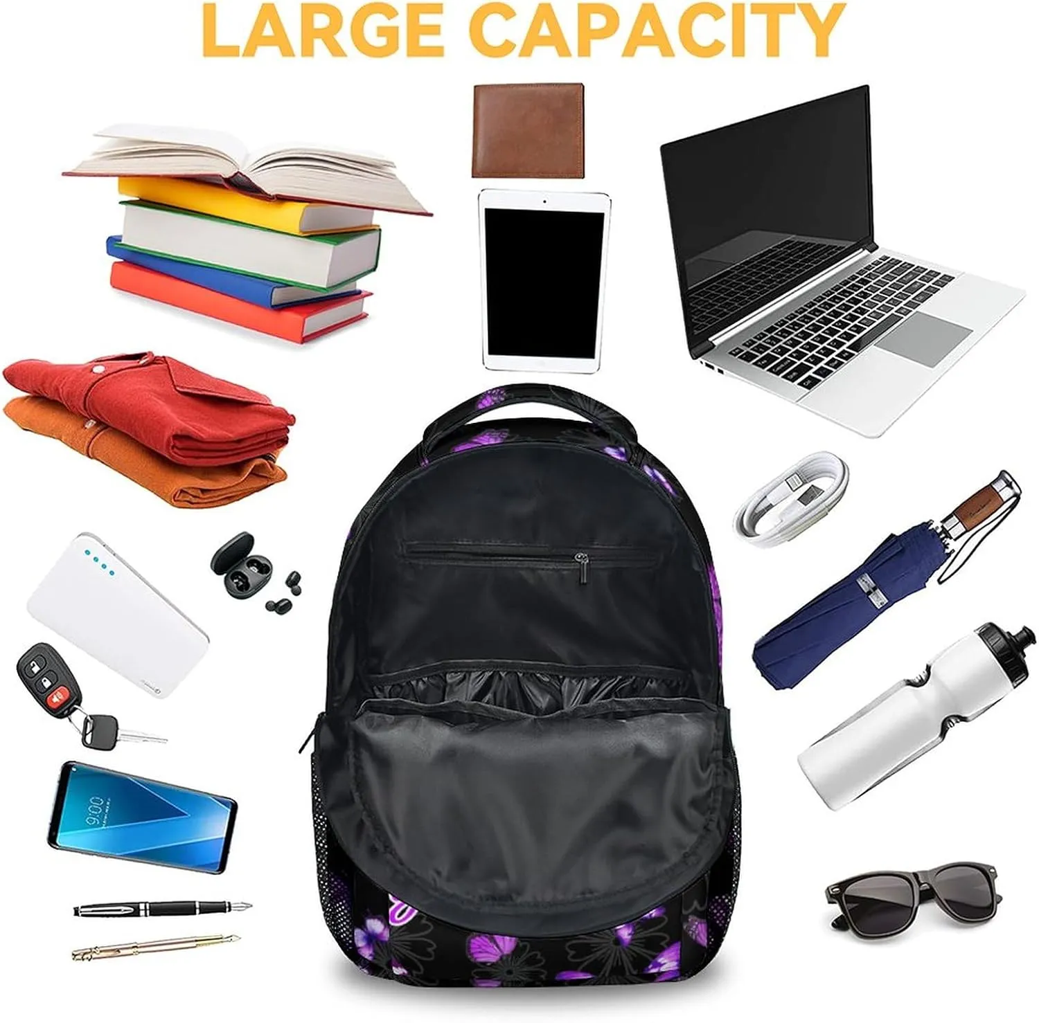 Personalized Butterfly Backpack for Girls - 16 Inches Black Customized Backpacks for Kids, Teens - Fashion Print Bookbag for School