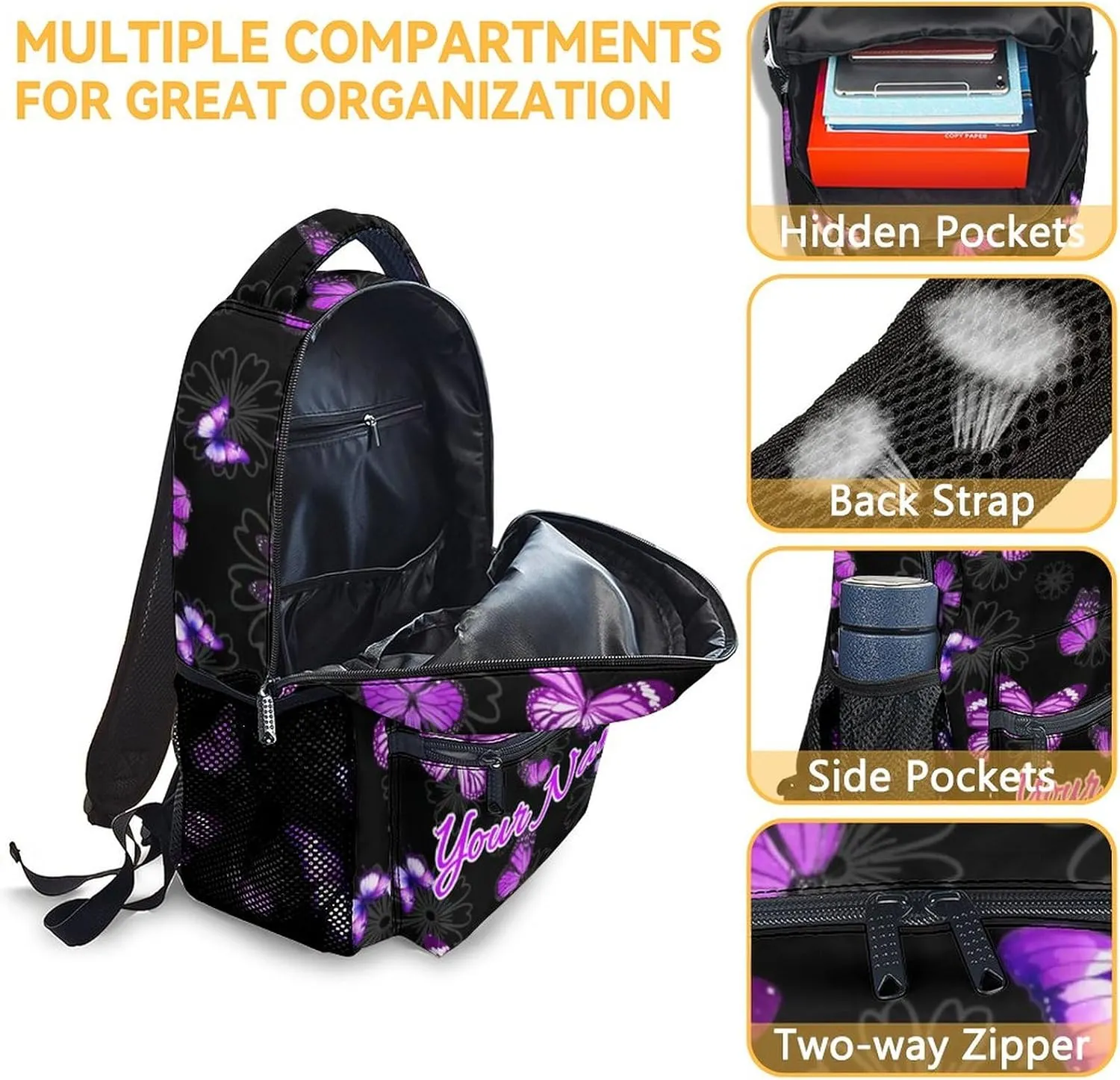 Personalized Butterfly Backpack for Girls - 16 Inches Black Customized Backpacks for Kids, Teens - Fashion Print Bookbag for School