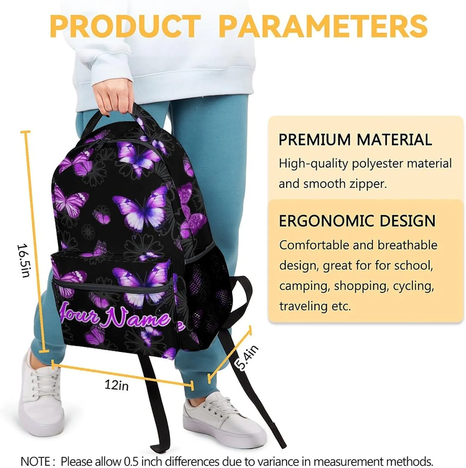 Personalized Butterfly Backpack for Girls - 16 Inches Black Customized Backpacks for Kids, Teens - Fashion Print Bookbag for School