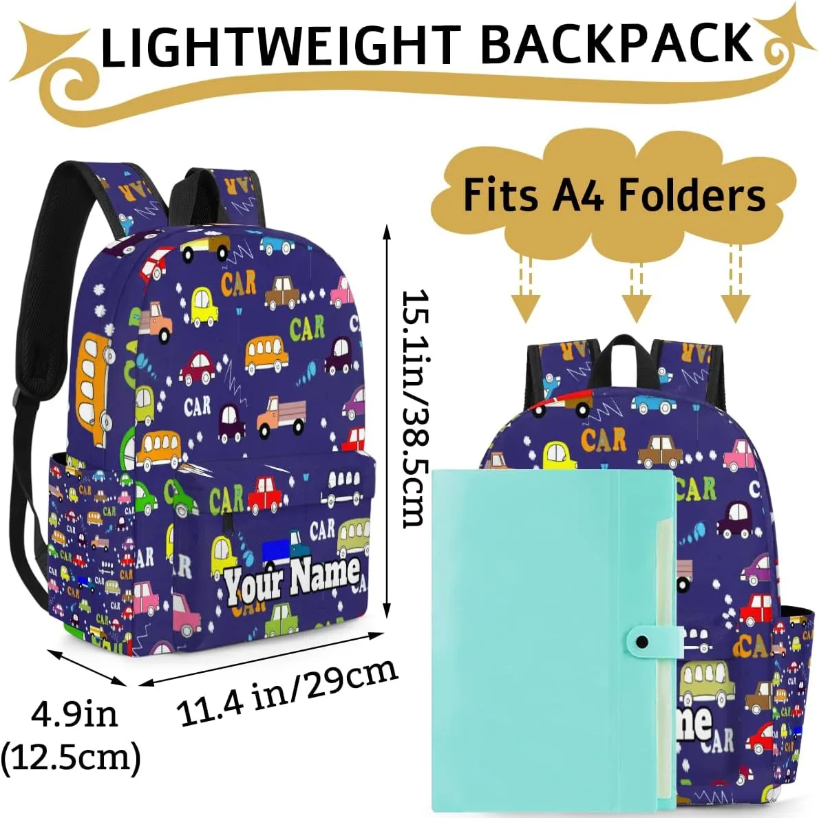 Personalized Cartoon Cars Preschool Toddler Backpack for Boys Girls Custom Kids Name Small Bookbags Kindergarten Elementary Backpack, Cars Print