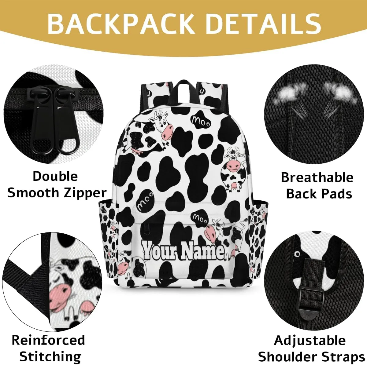 Personalized Cow Print Preschool Toddler Backpack for Boys Girls Custom Kids Name Small Bookbags Kindergarten Elementary Backpack, Milk Cow Print