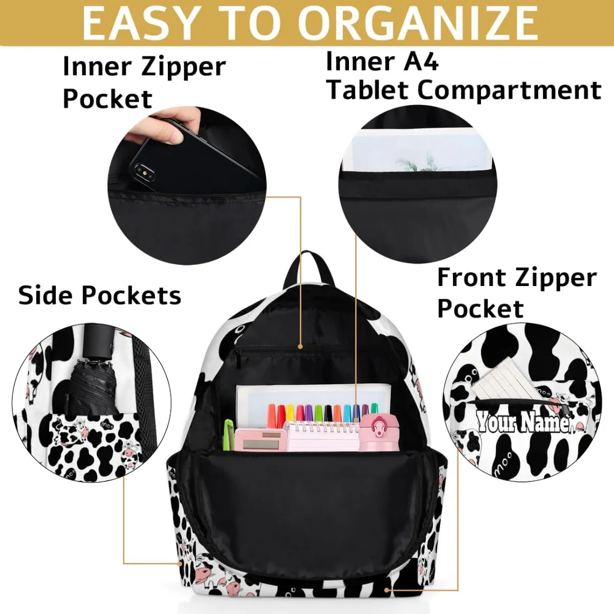 Personalized Cow Print Preschool Toddler Backpack for Boys Girls Custom Kids Name Small Bookbags Kindergarten Elementary Backpack, Milk Cow Print