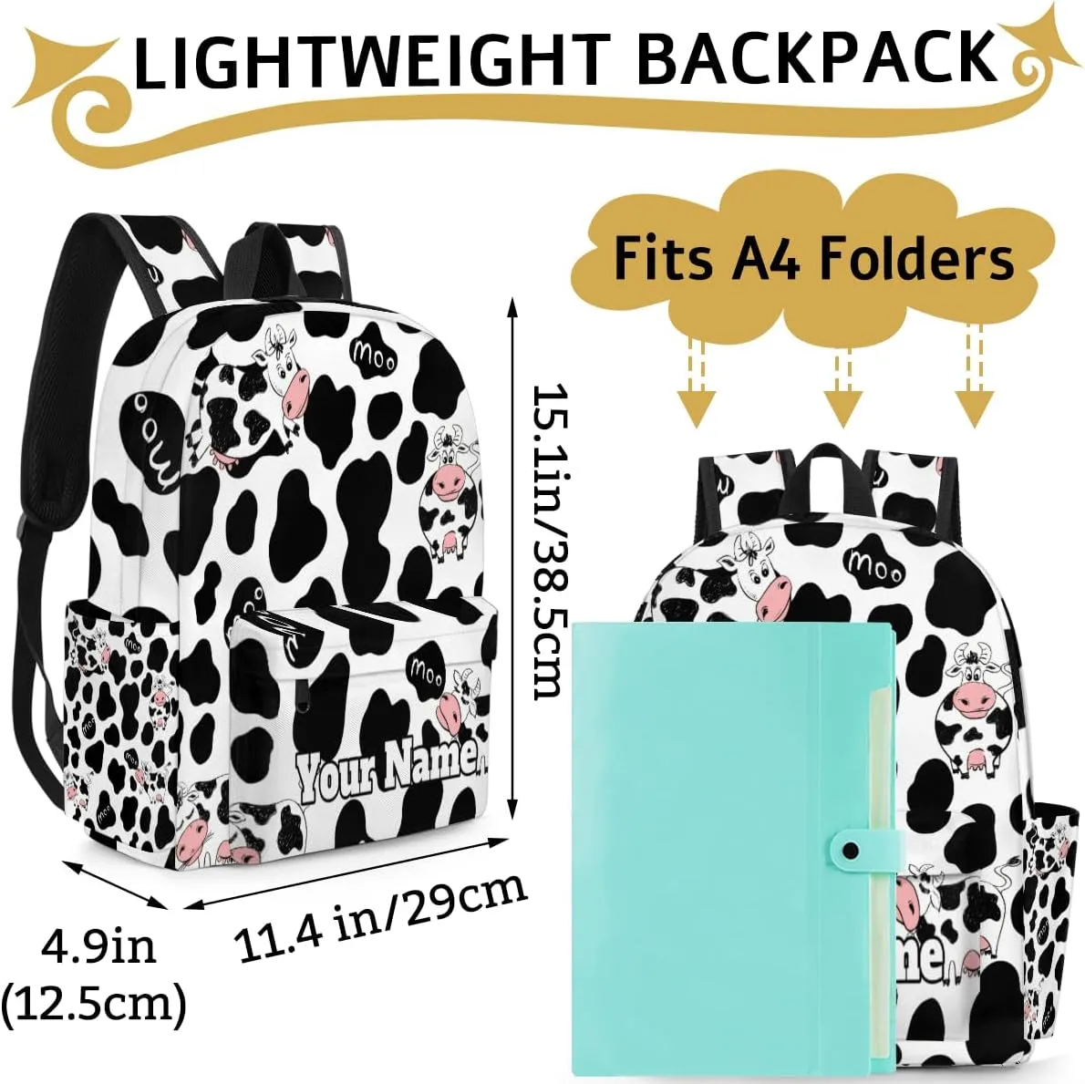 Personalized Cow Print Preschool Toddler Backpack for Boys Girls Custom Kids Name Small Bookbags Kindergarten Elementary Backpack, Milk Cow Print