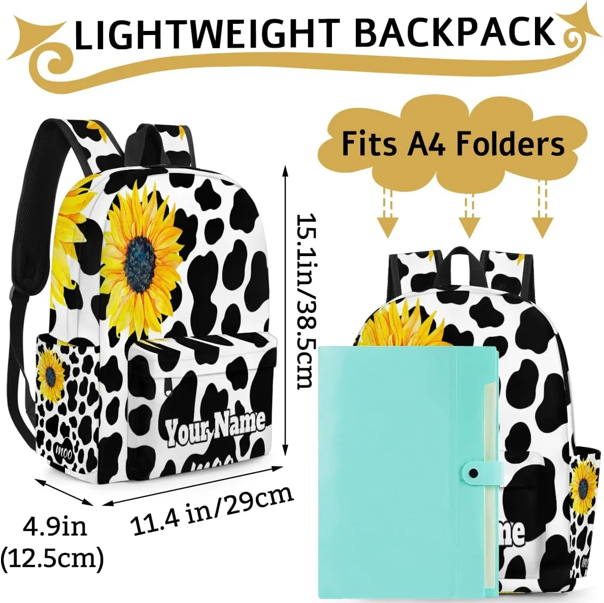 Personalized Cow Print Preschool Toddler Backpack for Boys Girls Custom Kids Name Small Bookbags Kindergarten Elementary Backpack, Sunflower Cow