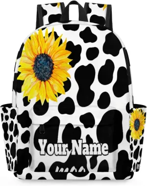 Personalized Cow Print Preschool Toddler Backpack for Boys Girls Custom Kids Name Small Bookbags Kindergarten Elementary Backpack, Sunflower Cow