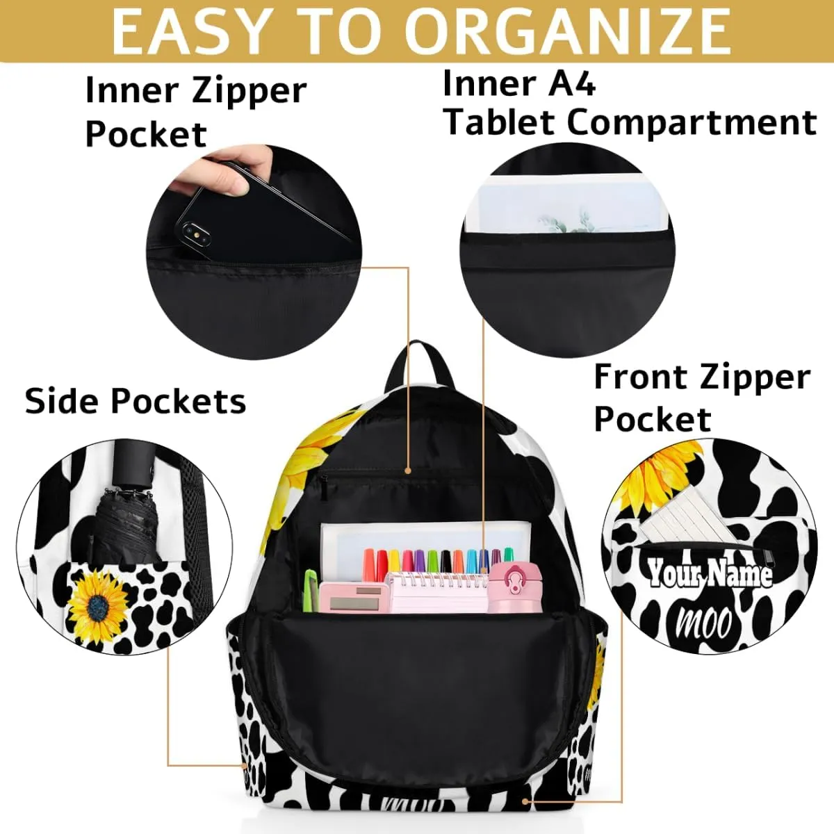 Personalized Cow Print Preschool Toddler Backpack for Boys Girls Custom Kids Name Small Bookbags Kindergarten Elementary Backpack, Sunflower Cow