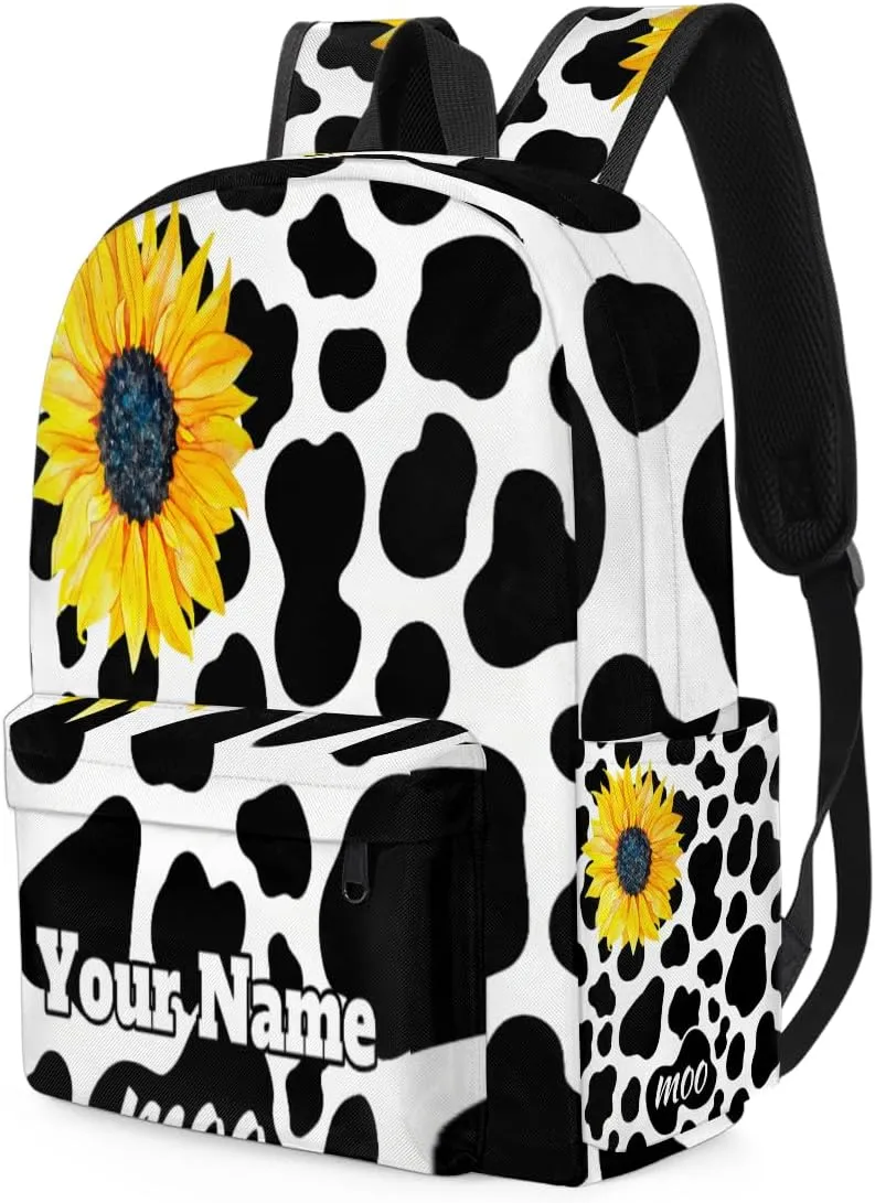 Personalized Cow Print Preschool Toddler Backpack for Boys Girls Custom Kids Name Small Bookbags Kindergarten Elementary Backpack, Sunflower Cow