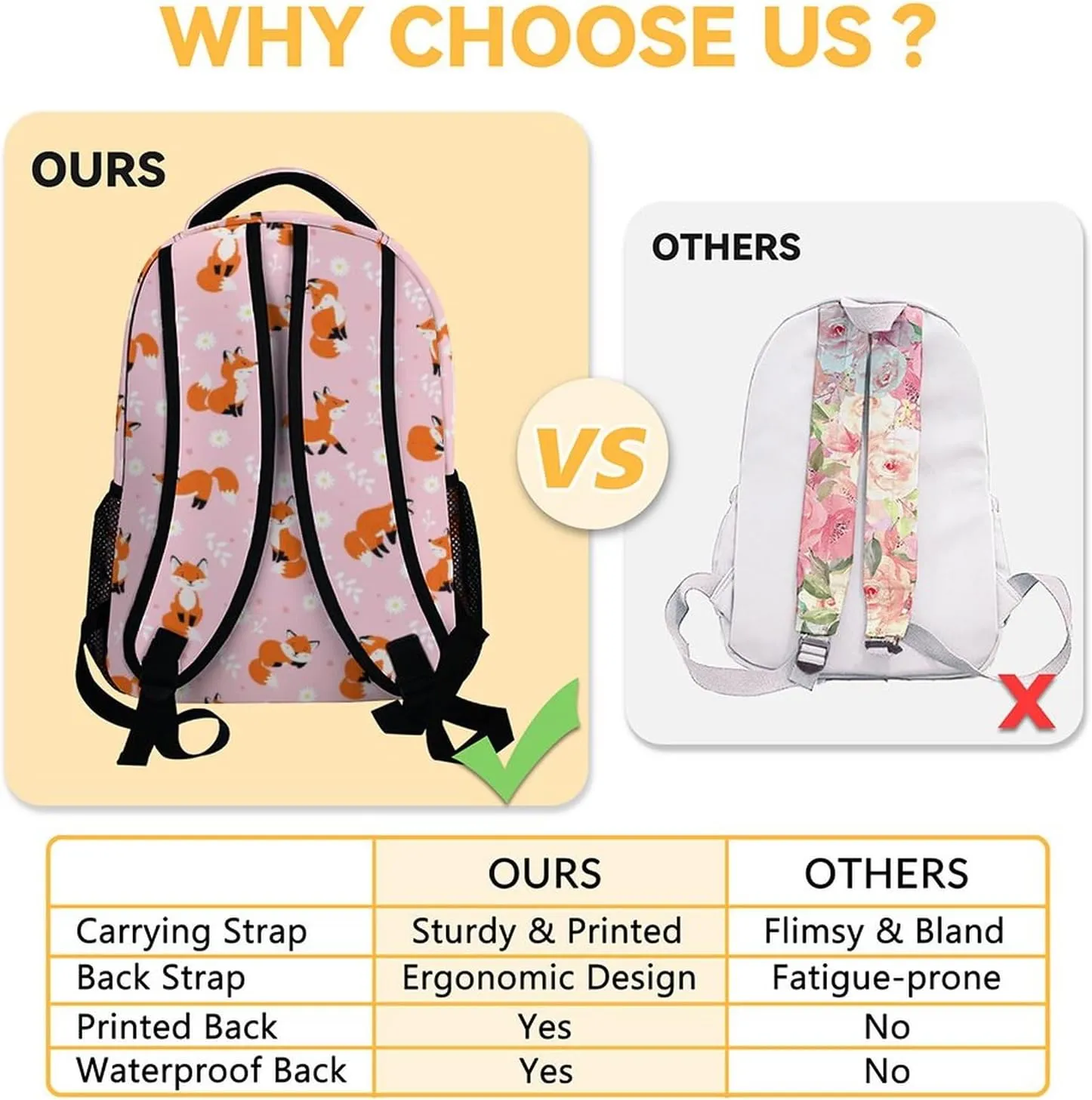 Personalized Kids School Backpack for Girls, 16" Fox Backpacks for School, Cute Pattern with Adjustable Straps Bookbag for Fox Lovers
