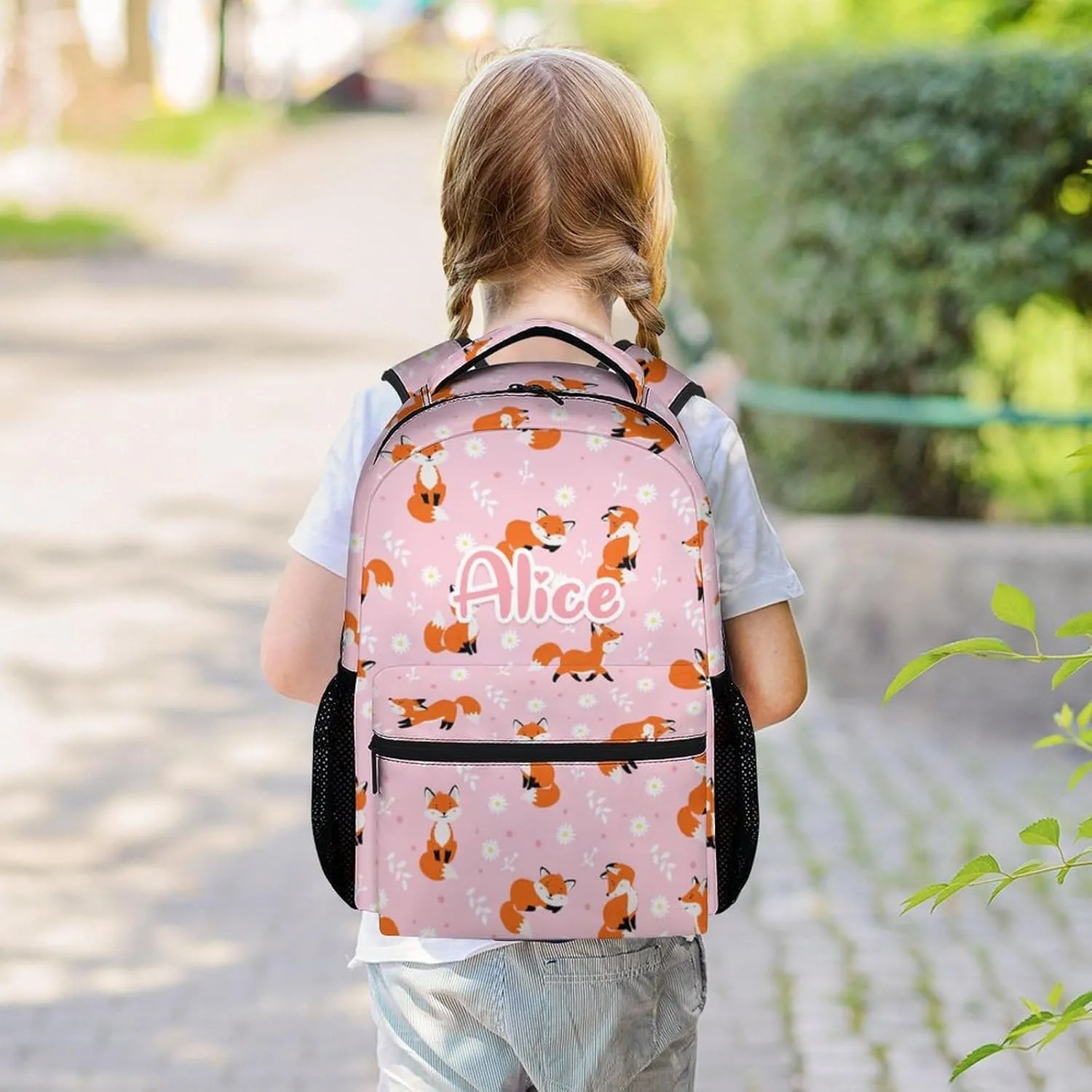 Personalized Kids School Backpack for Girls, 16" Fox Backpacks for School, Cute Pattern with Adjustable Straps Bookbag for Fox Lovers