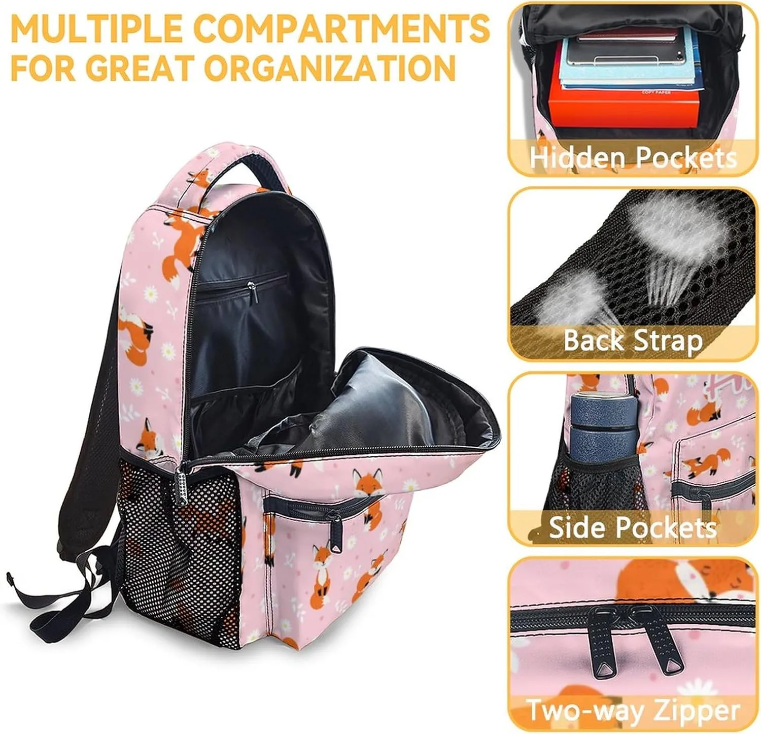 Personalized Kids School Backpack for Girls, 16" Fox Backpacks for School, Cute Pattern with Adjustable Straps Bookbag for Fox Lovers