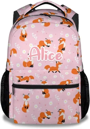 Personalized Kids School Backpack for Girls, 16" Fox Backpacks for School, Cute Pattern with Adjustable Straps Bookbag for Fox Lovers
