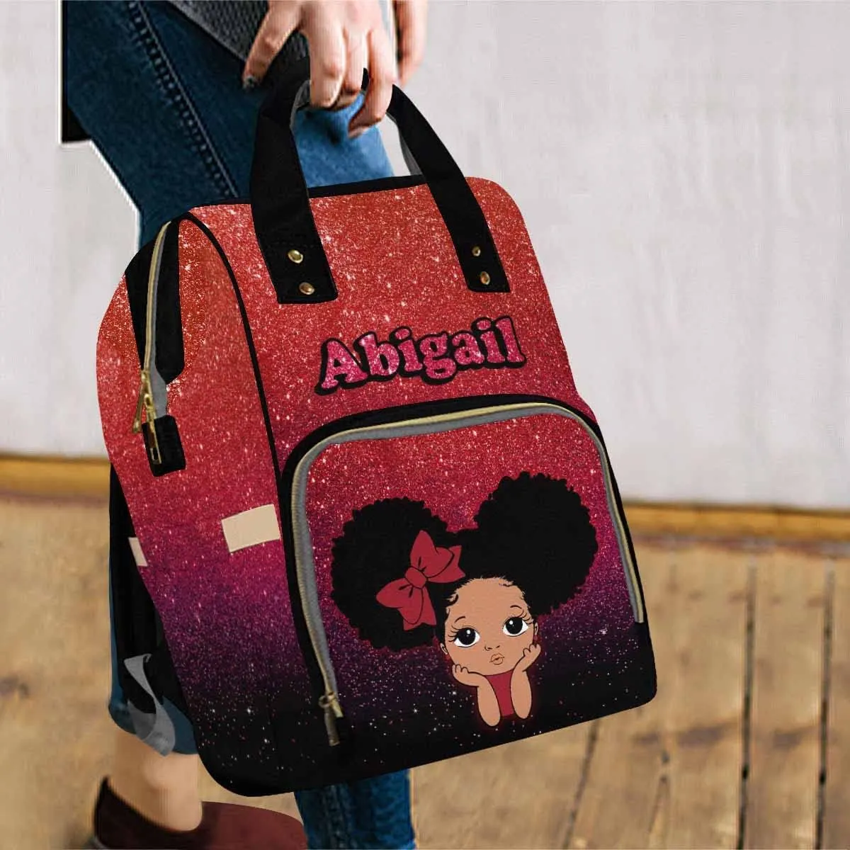 Personalized Name Backpack Custom Princess Red and Black Glitter Nappy Bags Customized Diapering Bag Backpack Casual Daypack Travel Shoulder Bag for Hiking Camping Work