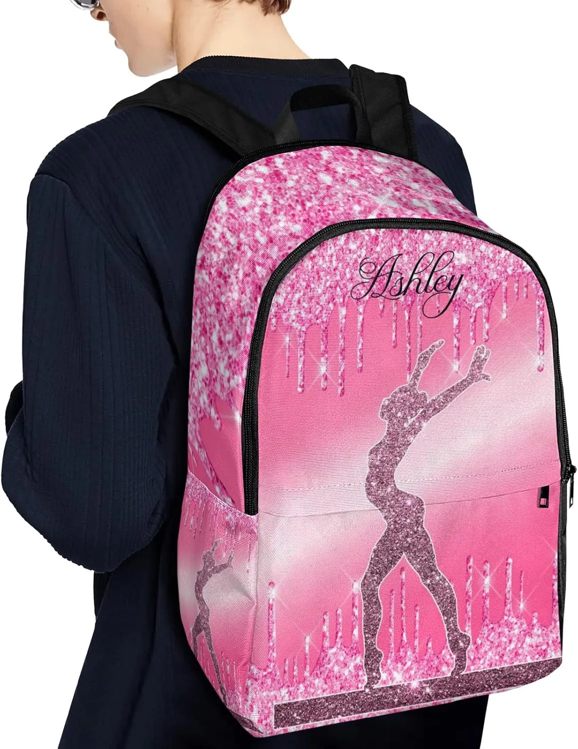 Personalized Name Glitter Print Girls Gymnastics Backpack Unisex Bookbag for Boy Girl Travel Daypack Bag Purse 17.7 IN Design 5