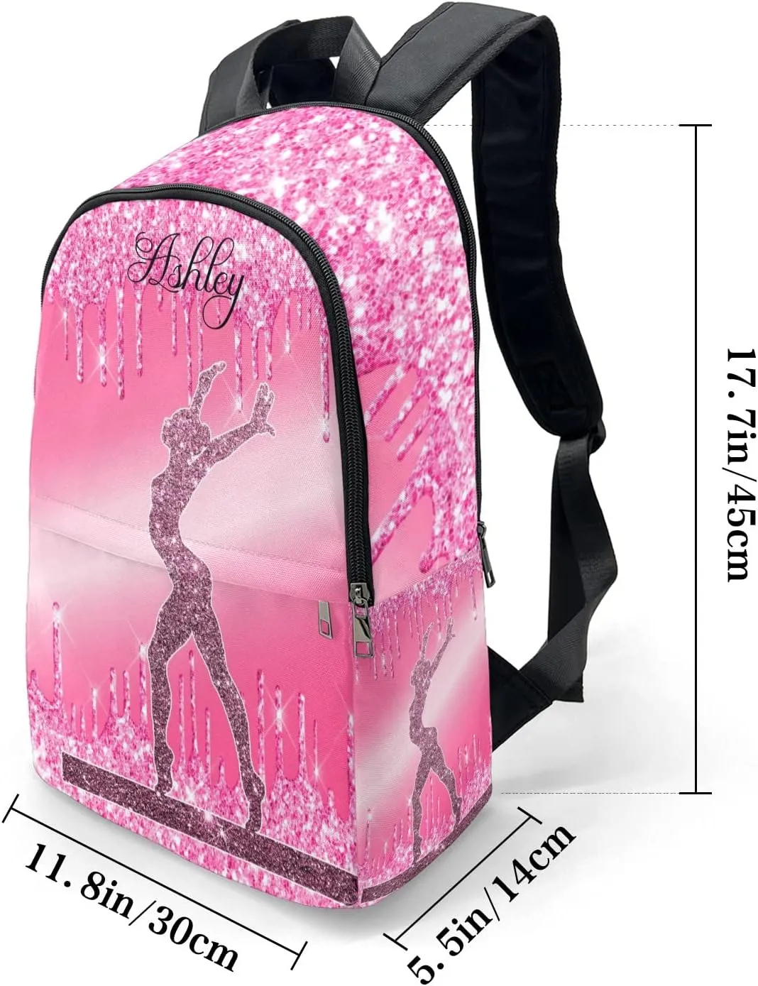 Personalized Name Glitter Print Girls Gymnastics Backpack Unisex Bookbag for Boy Girl Travel Daypack Bag Purse 17.7 IN Design 5