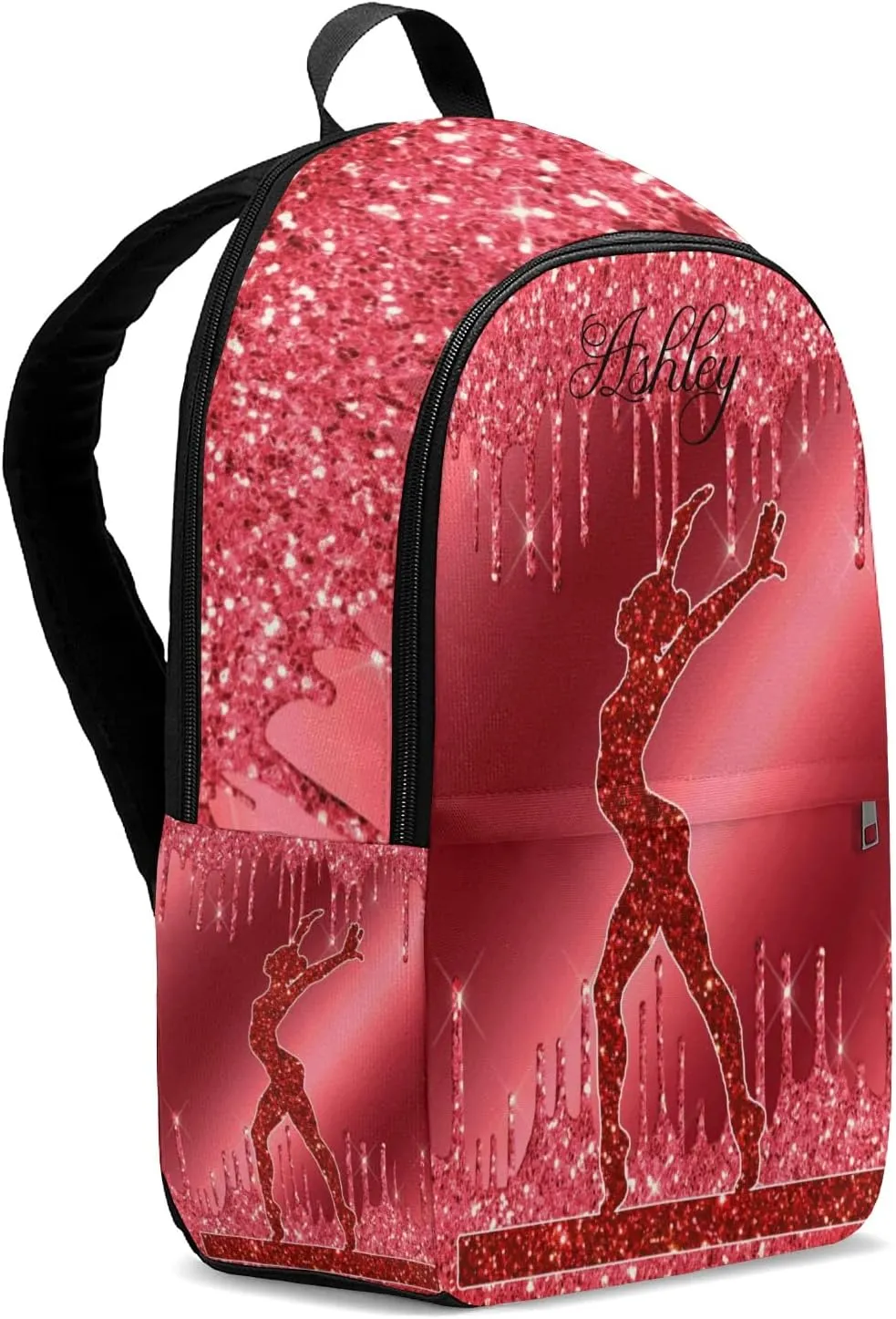 Personalized Name Red Glitter Print Girls Gymnastics Backpack Unisex Bookbag for Boy Girl Travel Daypack Bag Purse 17.7 IN