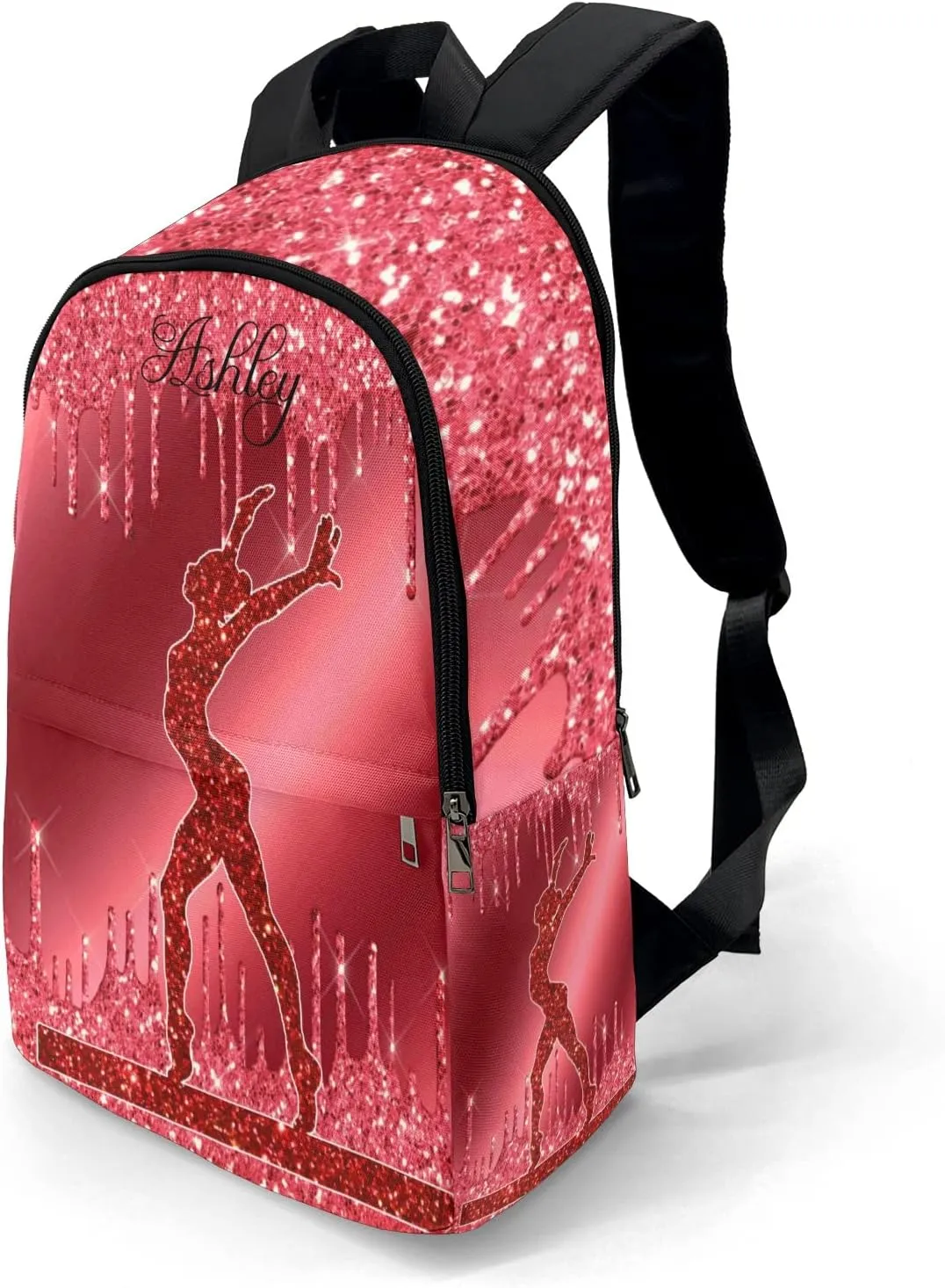 Personalized Name Red Glitter Print Girls Gymnastics Backpack Unisex Bookbag for Boy Girl Travel Daypack Bag Purse 17.7 IN
