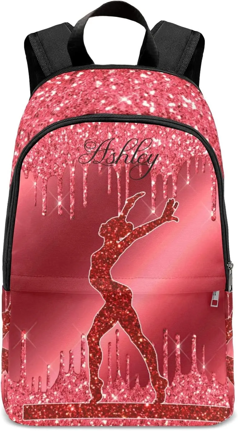 Personalized Name Red Glitter Print Girls Gymnastics Backpack Unisex Bookbag for Boy Girl Travel Daypack Bag Purse 17.7 IN