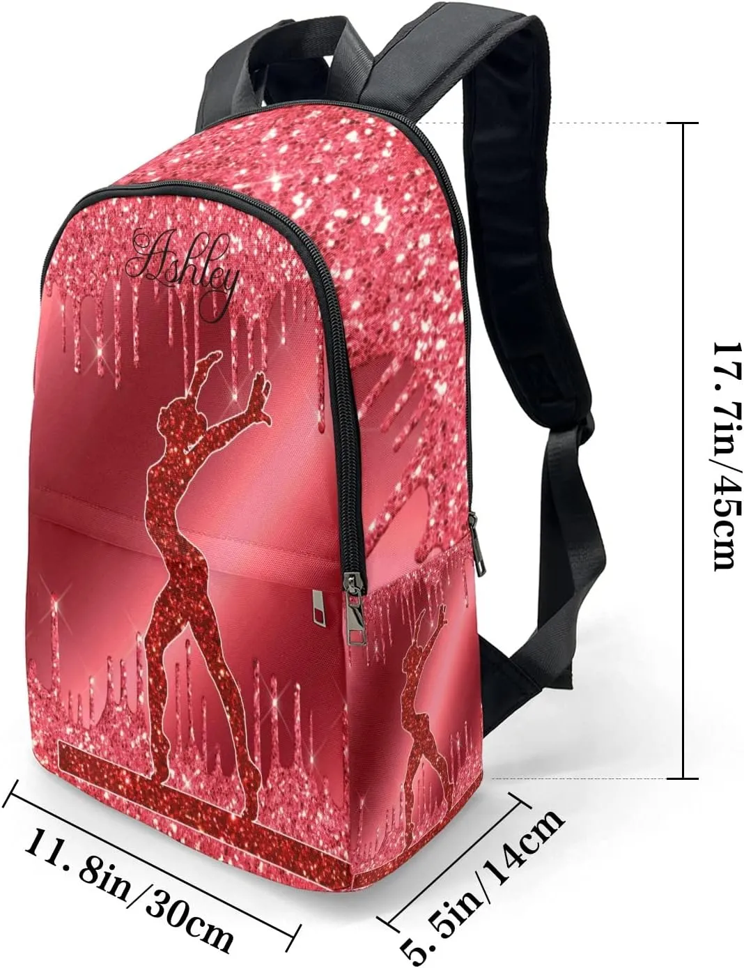 Personalized Name Red Glitter Print Girls Gymnastics Backpack Unisex Bookbag for Boy Girl Travel Daypack Bag Purse 17.7 IN