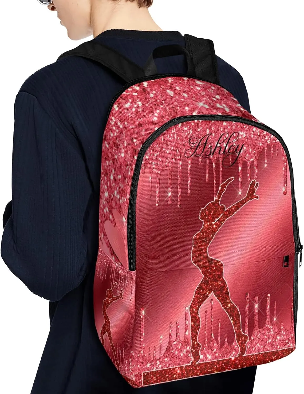 Personalized Name Red Glitter Print Girls Gymnastics Backpack Unisex Bookbag for Boy Girl Travel Daypack Bag Purse 17.7 IN
