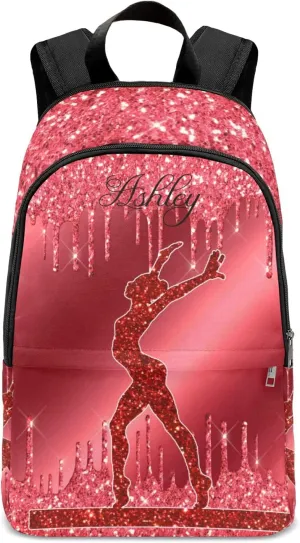 Personalized Name Red Glitter Print Girls Gymnastics Backpack Unisex Bookbag for Boy Girl Travel Daypack Bag Purse 17.7 IN