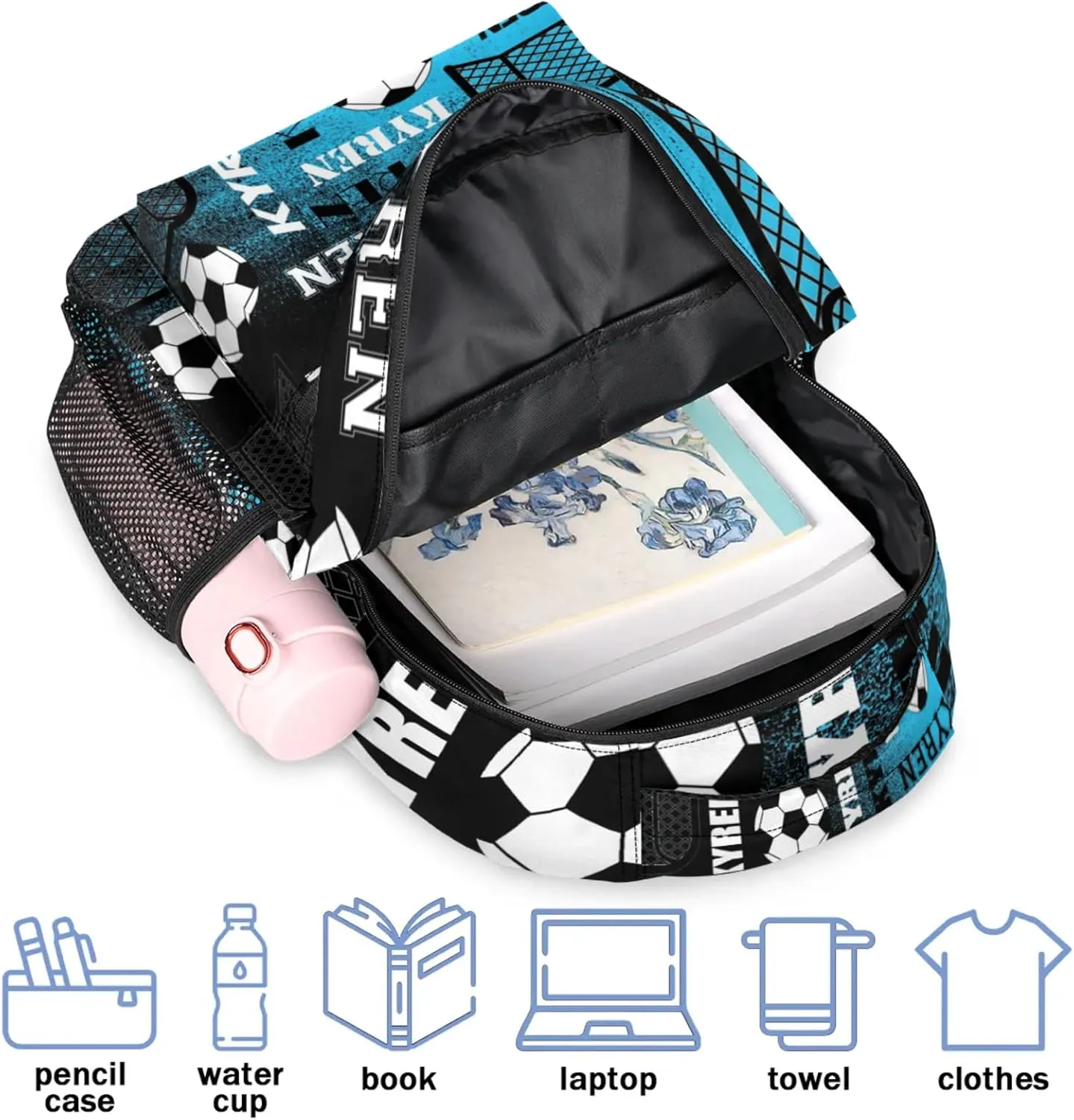 Personalized Name Soccer Backpack for Men Women, Customized Sports Bag Backpack Custom Laptop Backpacks Travel Camping Daypack, Blue Black Print