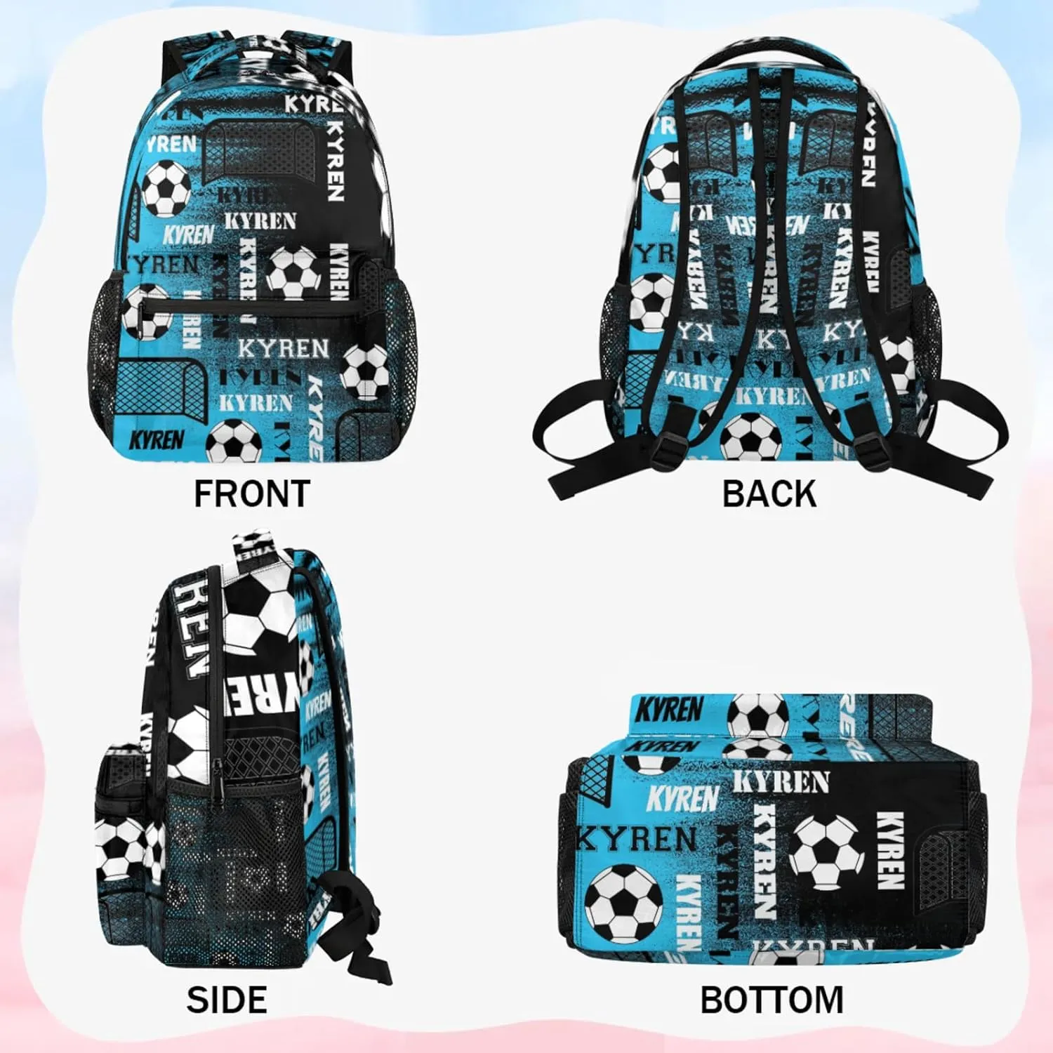Personalized Name Soccer Backpack for Men Women, Customized Sports Bag Backpack Custom Laptop Backpacks Travel Camping Daypack, Blue Black Print