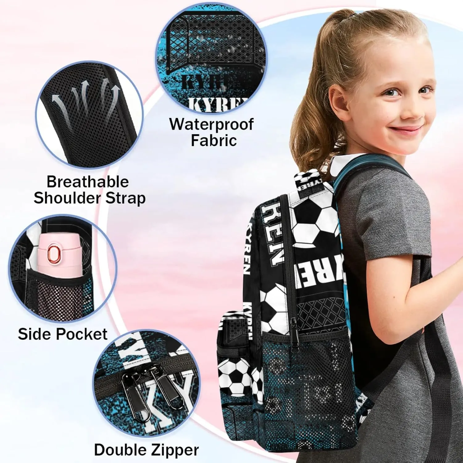 Personalized Name Soccer Backpack for Men Women, Customized Sports Bag Backpack Custom Laptop Backpacks Travel Camping Daypack, Blue Black Print
