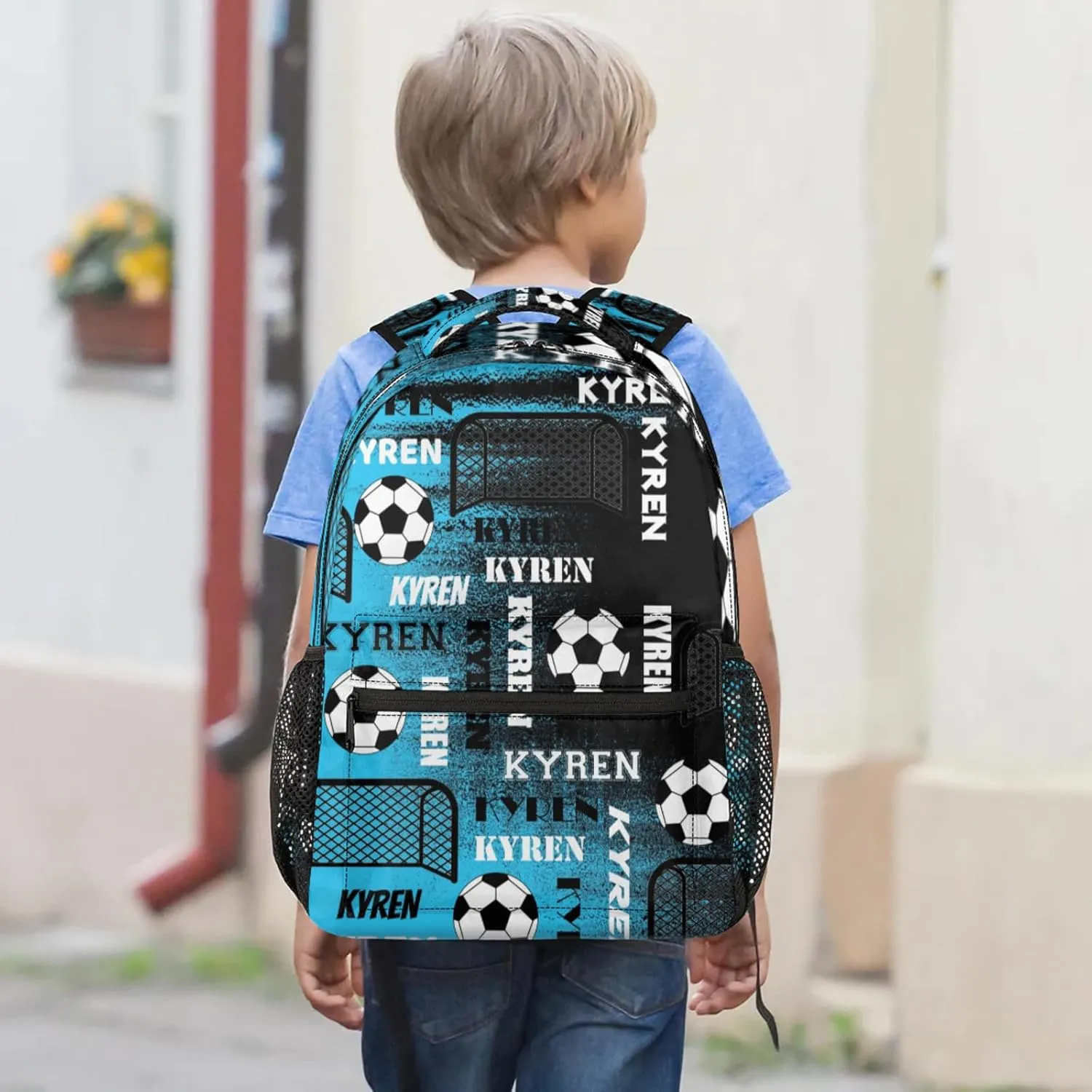 Personalized Name Soccer Backpack for Men Women, Customized Sports Bag Backpack Custom Laptop Backpacks Travel Camping Daypack, Blue Black Print