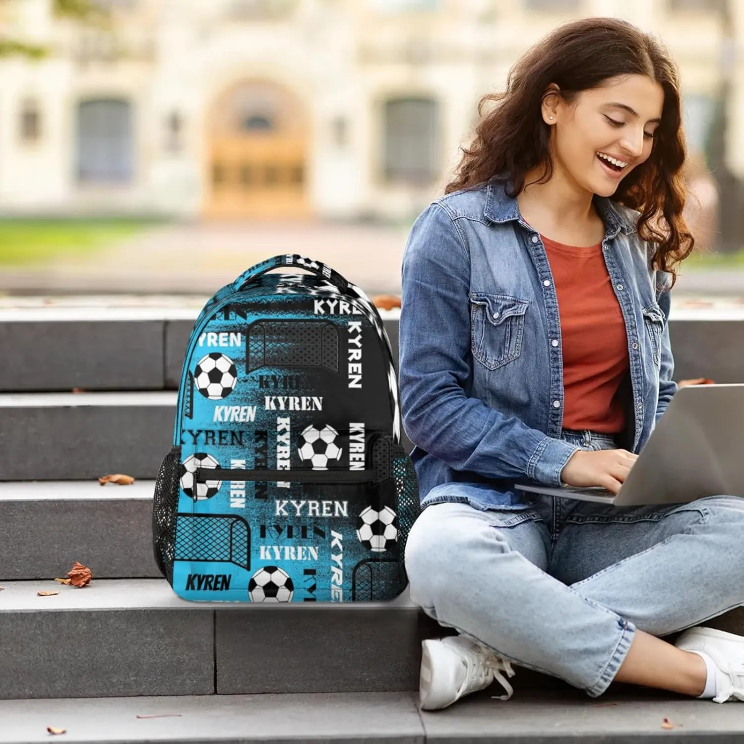 Personalized Name Soccer Backpack for Men Women, Customized Sports Bag Backpack Custom Laptop Backpacks Travel Camping Daypack, Blue Black Print