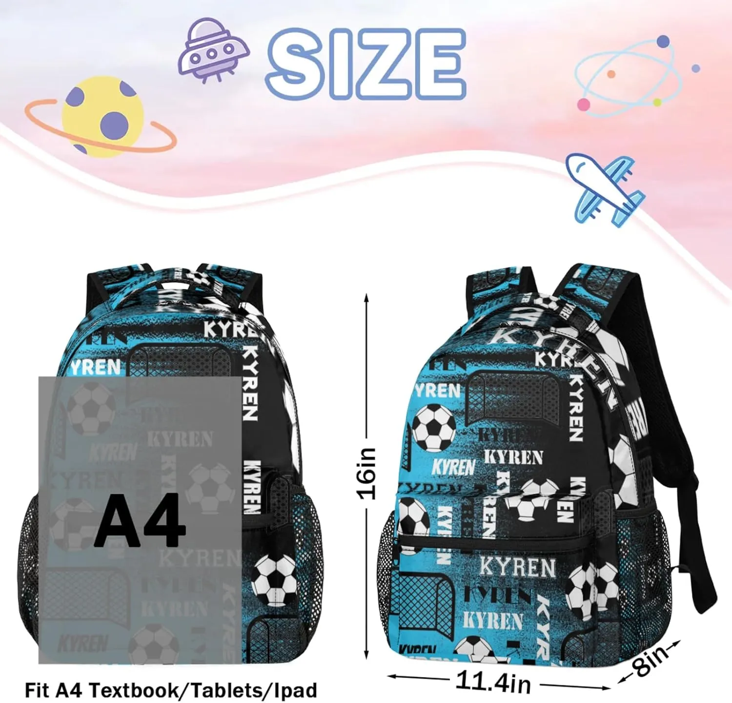 Personalized Name Soccer Backpack for Men Women, Customized Sports Bag Backpack Custom Laptop Backpacks Travel Camping Daypack, Blue Black Print