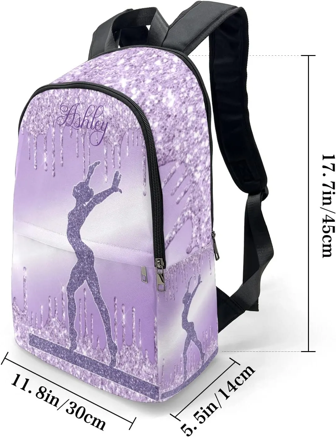 Personalized Name Violet Purple Glitter Print Girls Gymnastics Backpack Unisex Bookbag for Boy Girl Travel Daypack Bag Purse 17.7 IN