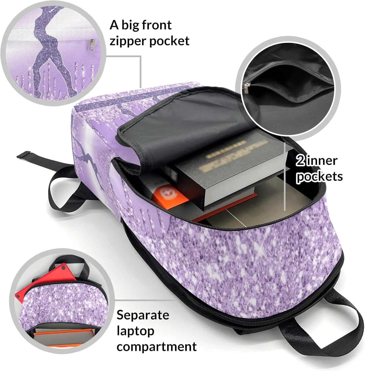 Personalized Name Violet Purple Glitter Print Girls Gymnastics Backpack Unisex Bookbag for Boy Girl Travel Daypack Bag Purse 17.7 IN