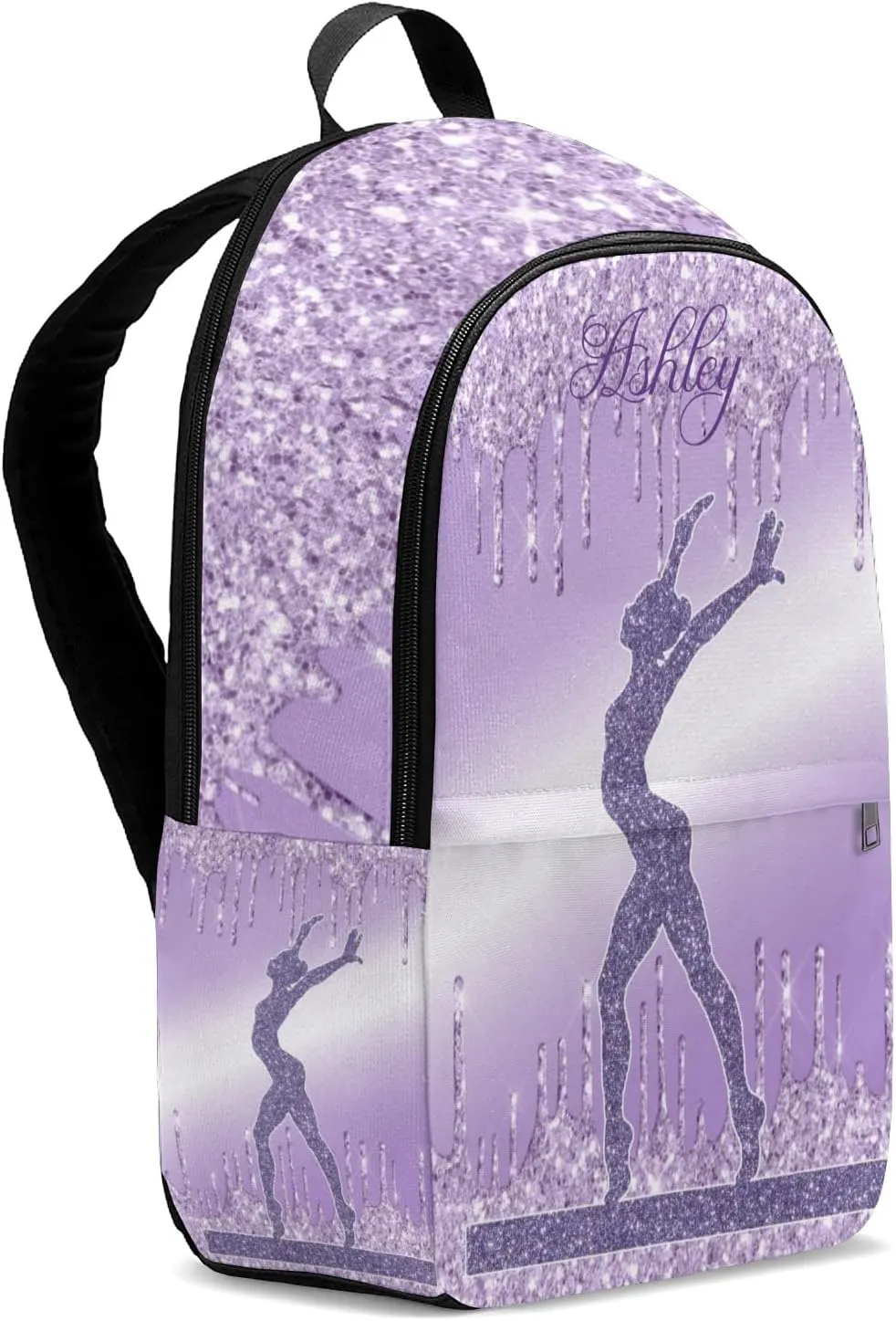 Personalized Name Violet Purple Glitter Print Girls Gymnastics Backpack Unisex Bookbag for Boy Girl Travel Daypack Bag Purse 17.7 IN