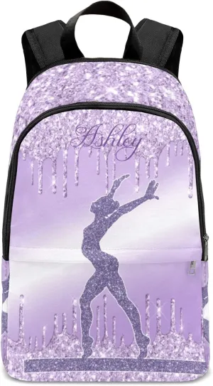 Personalized Name Violet Purple Glitter Print Girls Gymnastics Backpack Unisex Bookbag for Boy Girl Travel Daypack Bag Purse 17.7 IN