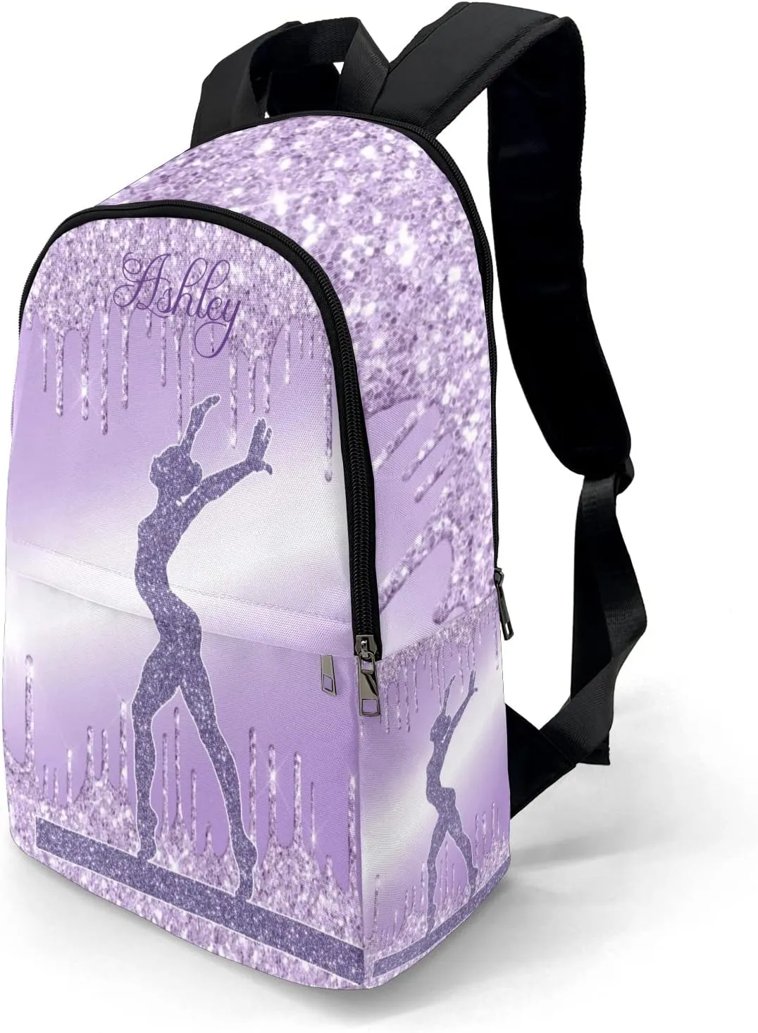 Personalized Name Violet Purple Glitter Print Girls Gymnastics Backpack Unisex Bookbag for Boy Girl Travel Daypack Bag Purse 17.7 IN