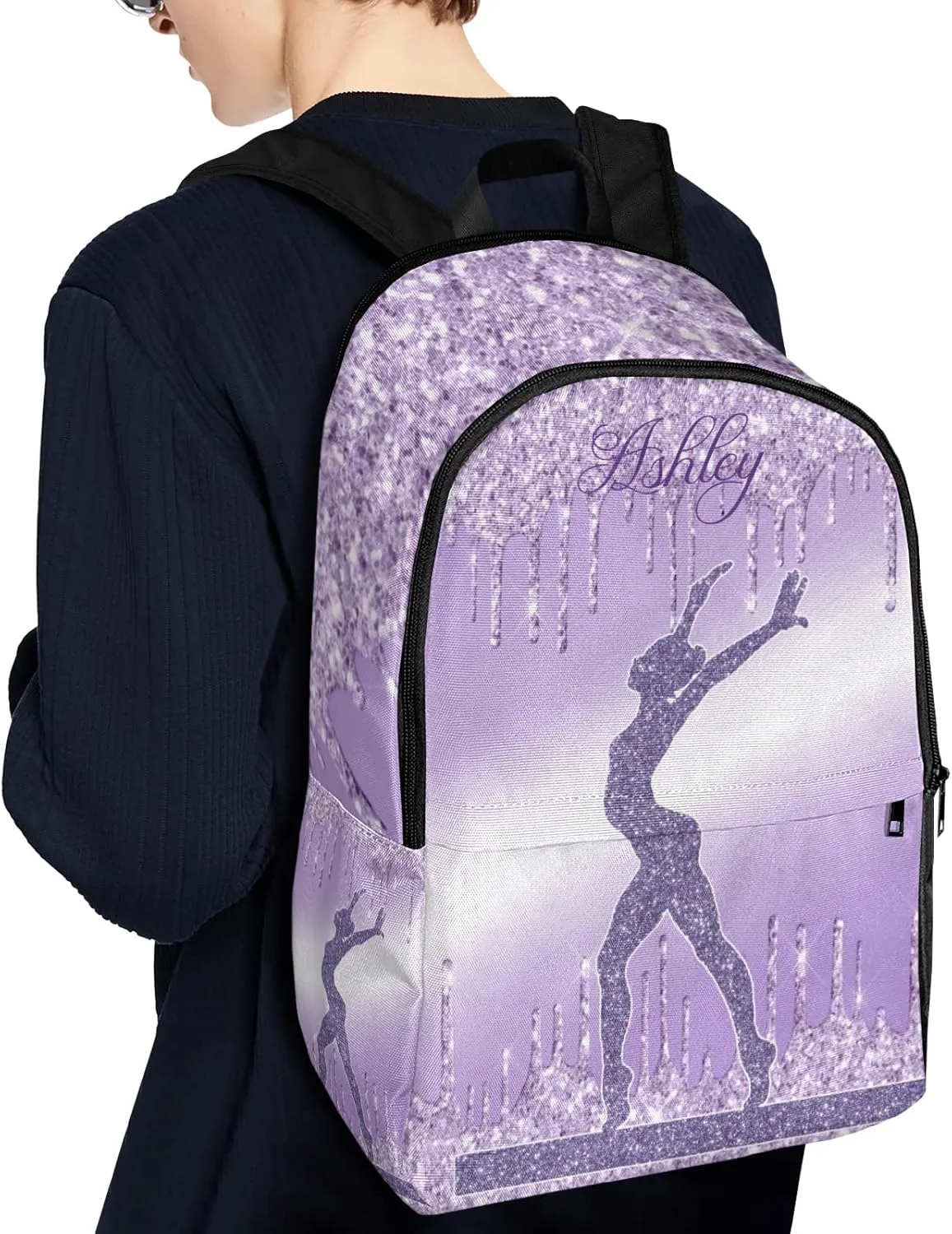 Personalized Name Violet Purple Glitter Print Girls Gymnastics Backpack Unisex Bookbag for Boy Girl Travel Daypack Bag Purse 17.7 IN