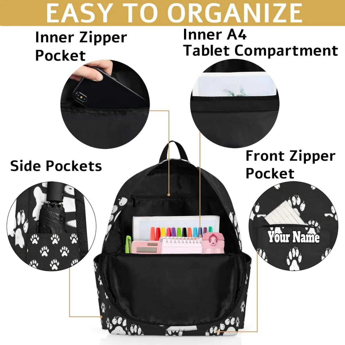 Personalized Paw Print Preschool Toddler Backpack for Boys Girls Custom Kids Name Small Bookbags Kindergarten Elementary Backpack, Cute Dog Cat Paw