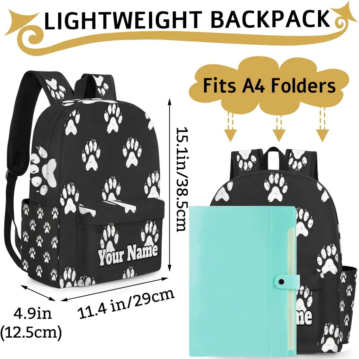 Personalized Paw Print Preschool Toddler Backpack for Boys Girls Custom Kids Name Small Bookbags Kindergarten Elementary Backpack, Cute Dog Cat Paw