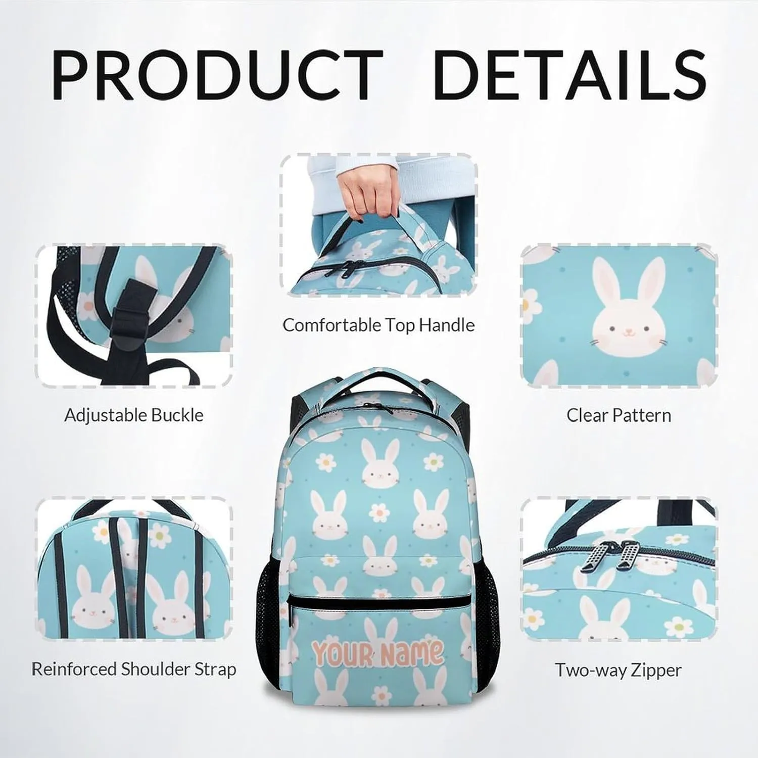 Personalized School Backpack for Girls - 17 Inch Large Capacity Aesthetic Kid Backpack - Cyan Durable Bunny Bookbag for School, Travel and Camp