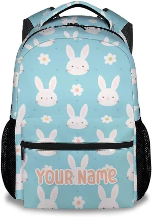 Personalized School Backpack for Girls - 17 Inch Large Capacity Aesthetic Kid Backpack - Cyan Durable Bunny Bookbag for School, Travel and Camp
