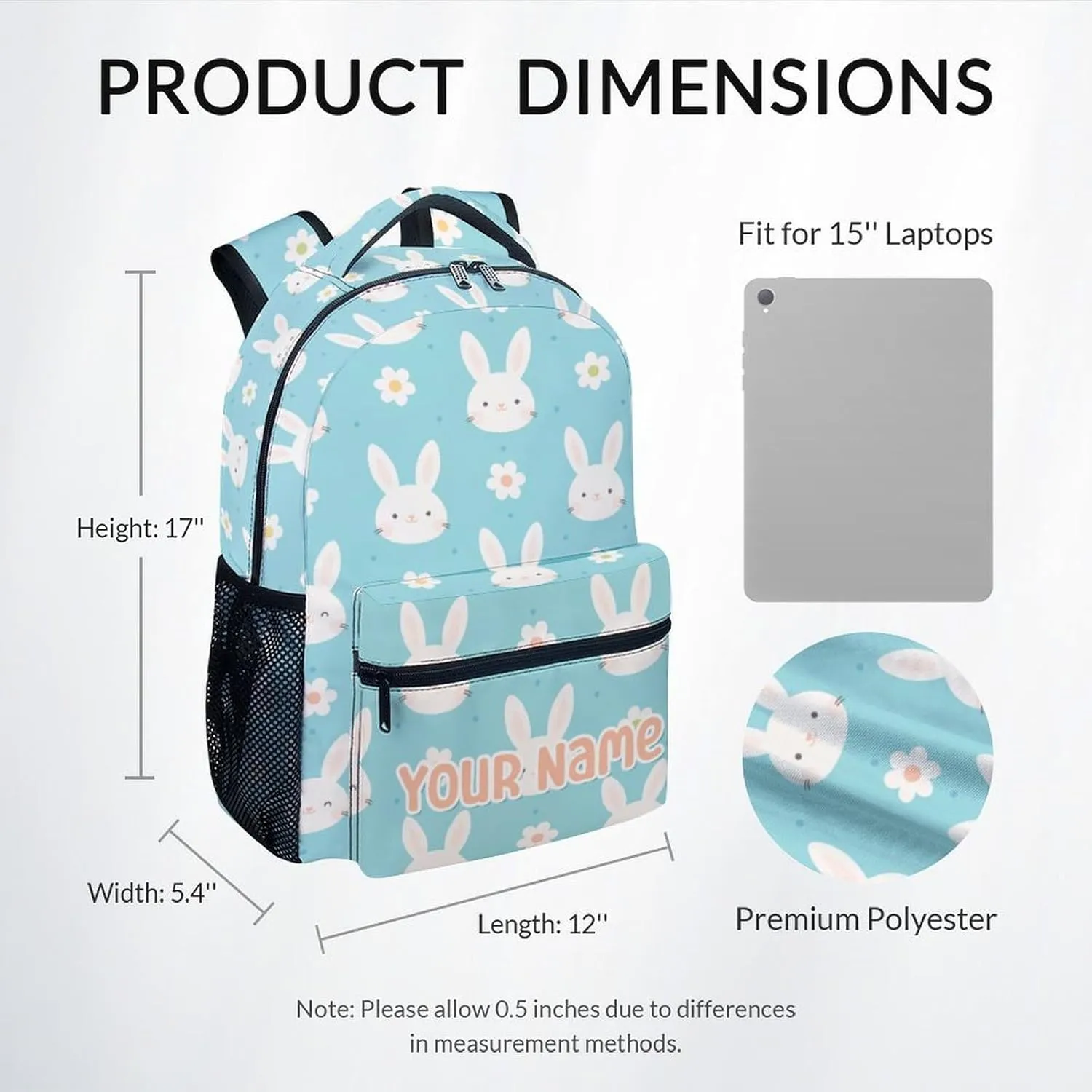 Personalized School Backpack for Girls - 17 Inch Large Capacity Aesthetic Kid Backpack - Cyan Durable Bunny Bookbag for School, Travel and Camp