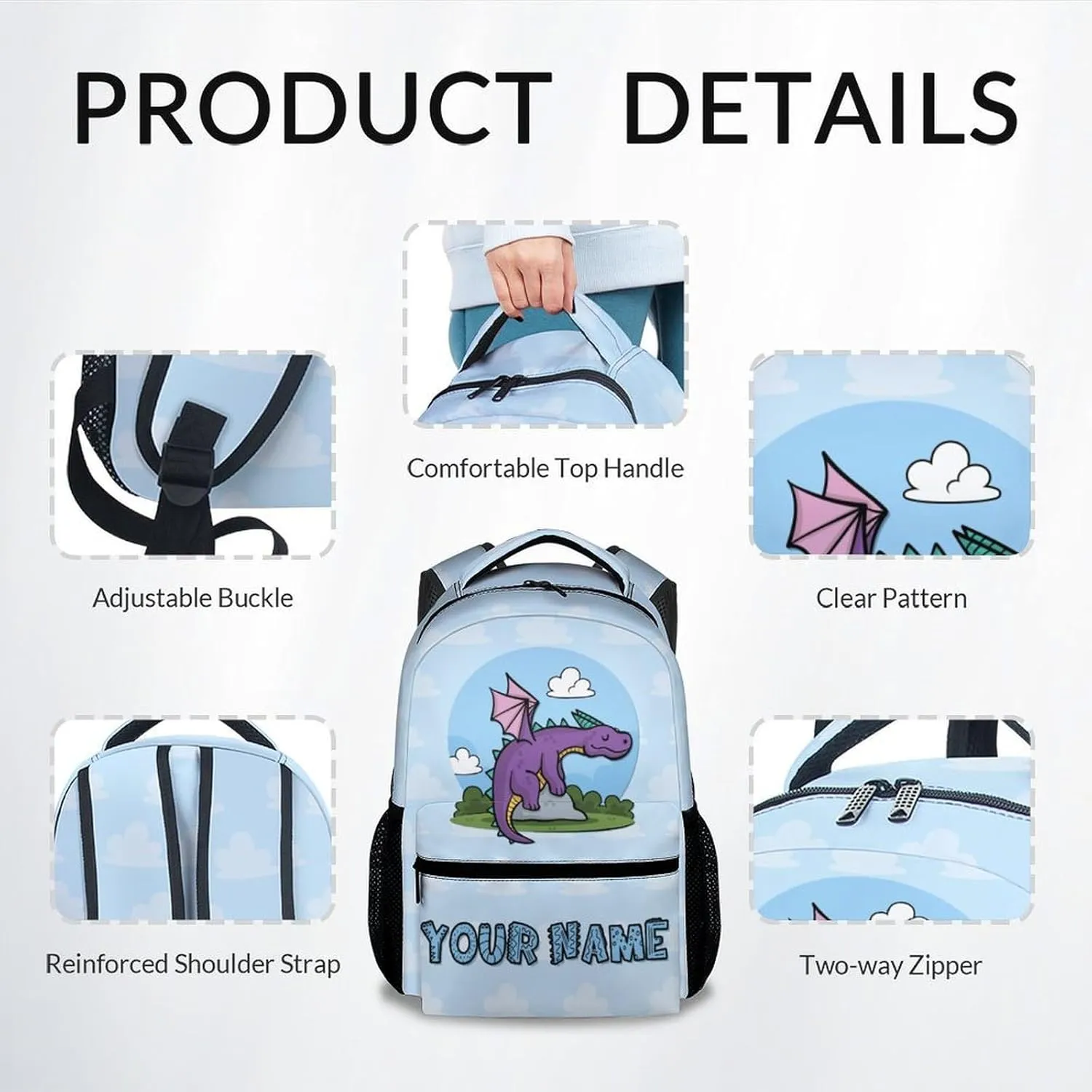 Personalized School Bag for Boys - Blue Durable Aesthetic Kid Backpack - 17 Inch Large Capacity Dragon Bookbag for School, Travel and Camp