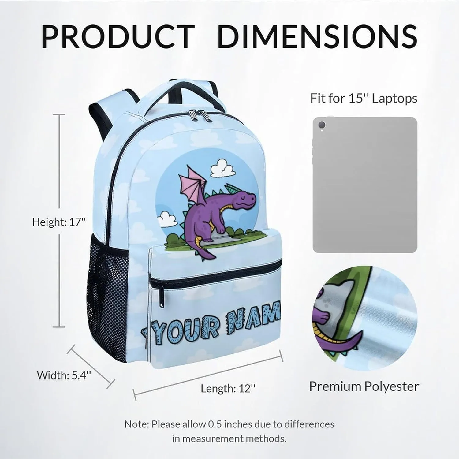 Personalized School Bag for Boys - Blue Durable Aesthetic Kid Backpack - 17 Inch Large Capacity Dragon Bookbag for School, Travel and Camp