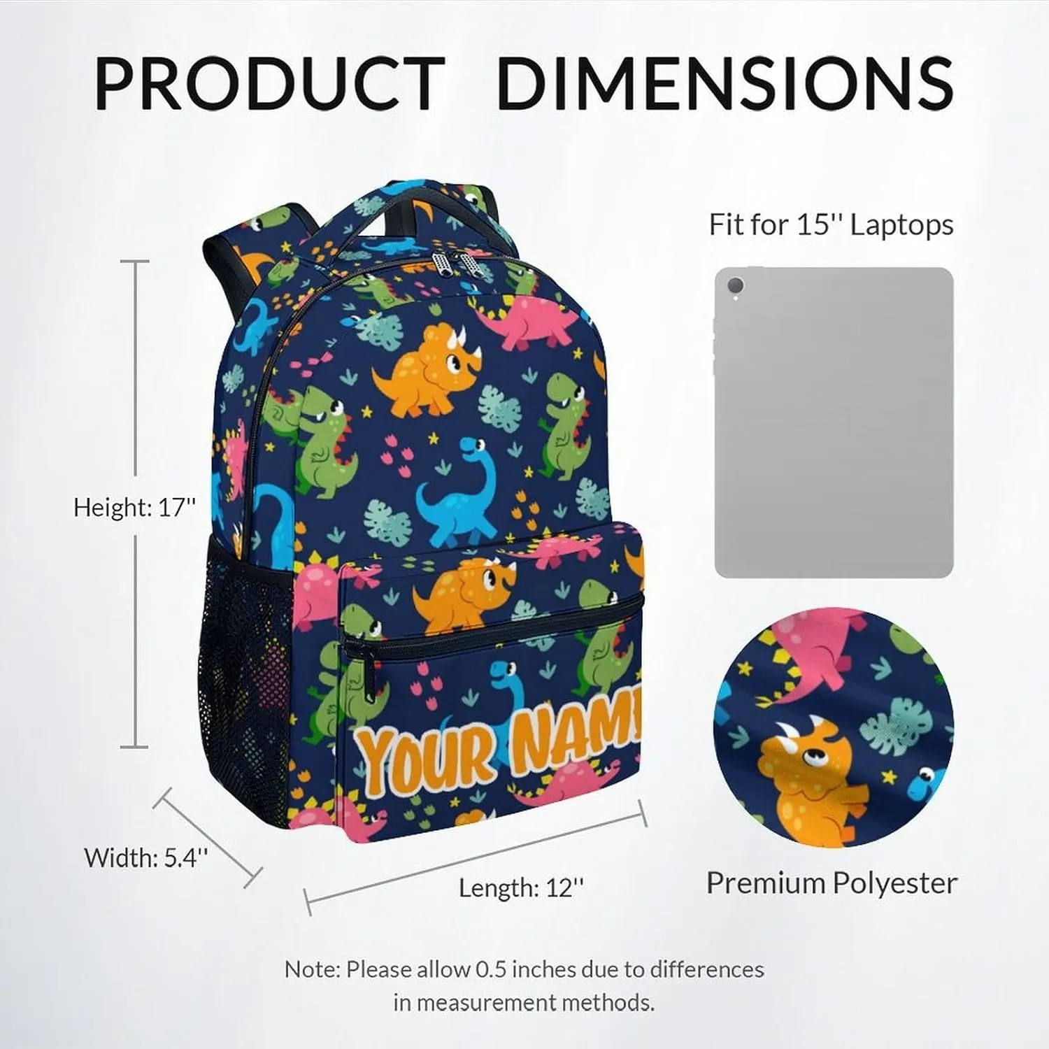 Personalized School Bag for Boys - Colorful Durable Aesthetic Kid Backpack - 17 Inch Large Capacity Dinosaur Bookbag for School, Travel and Camp